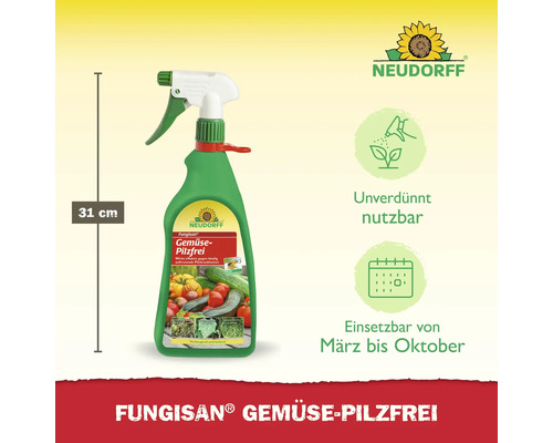Fungisan Gemüse Pilzfrei Sprühflasche mit einer Höhe von 31 cm. Neudorff Logo.