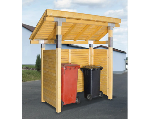 Mülltonnenbox aus Holz mit zwei Mülltonnen