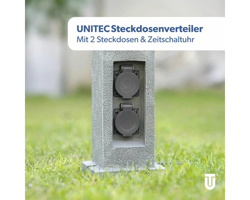 Unitec Steckdosenverteiler mit zwei Steckdosen und Zeitschaltuhr im Außenbereich