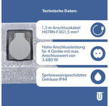 Technische Daten: Anschlusskabel, Anschlussleistung und spritzwassergeschütztes Gehäuse.