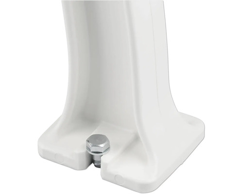 Detailansicht eines weißen Waschbeckenfußes mit Befestigungsbolzen.