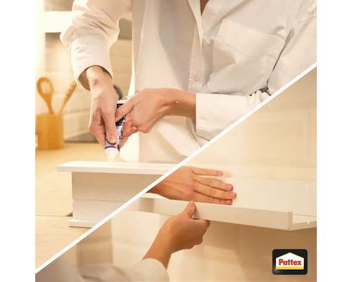 Auftragen von Pattex Klebstoff auf ein weißes Regalbrett