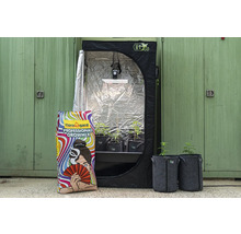 Growbox mit Pflanzen, Pflanztöpfen und Sack Pflanzerde