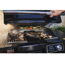 Ein Grill mit Fisch, Gemüse und Holzspänen wird zubereitet.