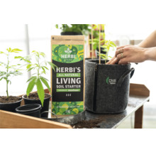Herbi''s All Natural Living Soil Starter neben Chill Welten Pflanzgefäß und Pflanzen