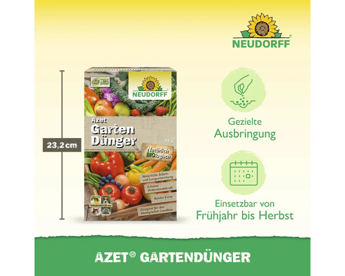 Packung Azet Gartendünger mit einer Höhe von 23,2 cm und Neudorff Logo, geeignet für den ökologischen Landbau und einsetzbar von Frühjahr bis Herbst.
