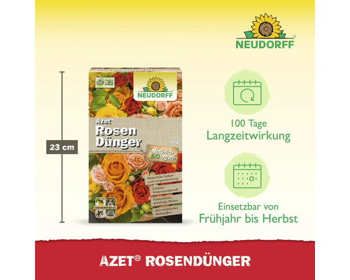 Azet Rosendünger in einer 23 Zentimeter hohen Verpackung mit Hinweisen zur Langzeitwirkung und zur Anwendung von Frühjahr bis Herbst.