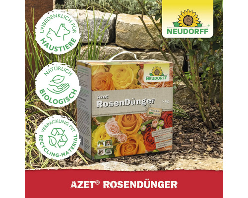 Azet Rosendünger 5 Kilogramm Packung mit Neudorff Logo. Unbedenklich für Haustiere. Natürlich Biologisch. Verpackung mit Recyclingmaterial.