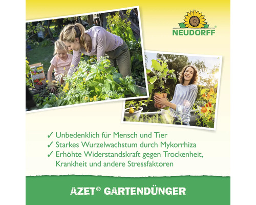 Neudorff Logo. Gartenarbeitsszene mit Mutter und Kind sowie einer Frau mit Pflanze im Topf. AZET Gartendünger Informationen.