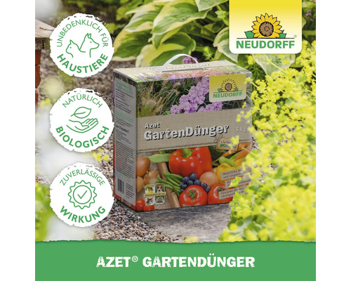 Azet Gartendünger Packung mit Neudorff Logo. Unbedenklich für Haustiere, natürlich biologisch, zuverlässige Wirkung.
