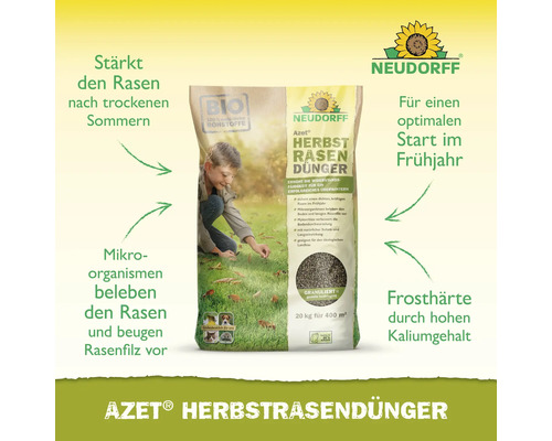 Neudorff Azet Herbstrasendünger Sack mit Kind auf Rasen im Herbst