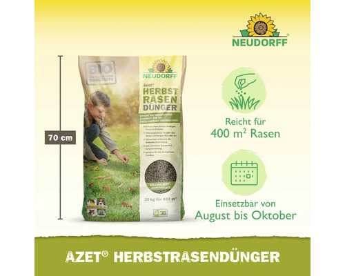 Sack Neudorff Azet Herbstrasendünger mit Kind auf Rasen und Informationen zu Reichweite und Anwendungszeitraum