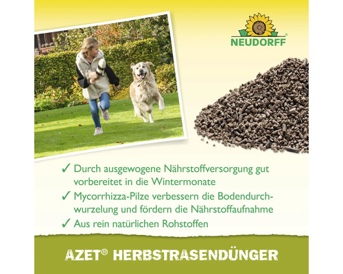 Neudorff Logo. Darstellung von Herbst-Rasendünger Azet. Kind und Hund spielen auf Rasen.