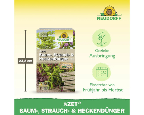 Azet Baum-, Strauch- & Heckendünger Packung mit Maßangabe 23,2 cm und Neudorff Logo