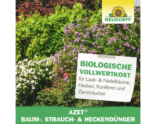 Neudorff Logo. Baum-, Strauch- und Heckendünger vor Pflanzen.