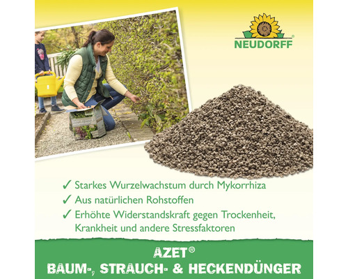 Neudorff Azet Baum-, Strauch- und Heckendünger im Einsatz mit Neudorff Logo