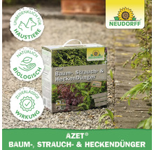 Azet Baum-, Strauch- & Heckendünger 5 Kilogramm Packung. Neudorff Logo. Unbedenklich für Haustiere Siegel. Natürlich biologisch Siegel. Zuverlässige Wirkung Siegel.