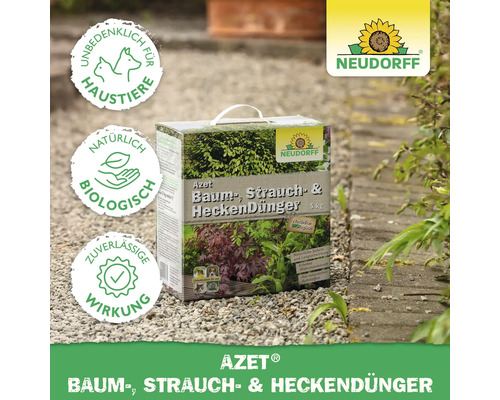 Azet Baum-, Strauch- & Heckendünger 5 Kilogramm Packung. Neudorff Logo. Unbedenklich für Haustiere Siegel. Natürlich biologisch Siegel. Zuverlässige Wirkung Siegel.