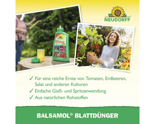 Neudorff Balsamol Blattdünger Produktbild mit Anwendungsbeispielen