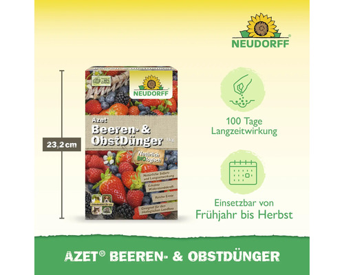 Azet Beeren- und Obstdünger Packung, 23,2 cm hoch, mit Neudorff Logo. Geeignet für ökologischen Landbau, 100 Tage Langzeitwirkung.