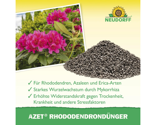 Neudorff Azet Rhododendron Dünger mit Rhododendron Pflanze und Düngerhaufen