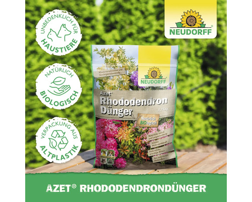Azet Rhododendron Düngerpackung mit Hinweisen zu Haustierfreundlichkeit, biologischem Ursprung und Recyclingverpackung