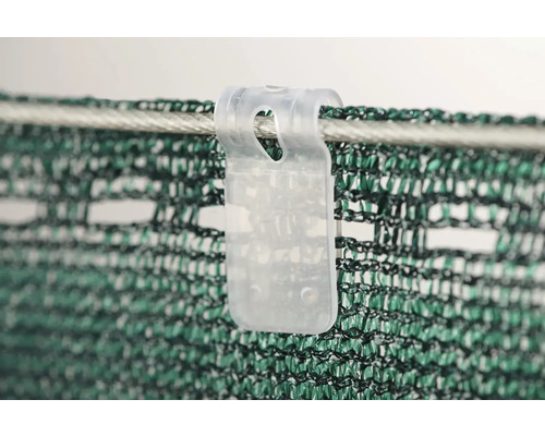 Befestigungsclip für Sichtschutznetz an einem Drahtseil