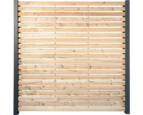 Holzzaun mit horizontalen Lamellen und Metallpfosten