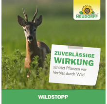 Reh im Feld mit Hinweis auf Wildstopp zum Schutz vor Wildverbiss. Neudorff Logo.