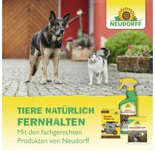 Neudorff Produkte zur Tierabwehr mit Hund und Katze im Hintergrund