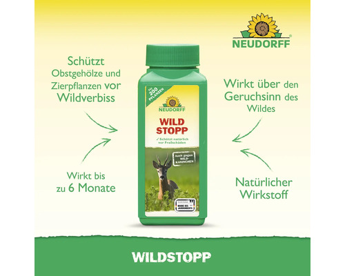 Neudorff Wildstopp zum Schutz von Zierpflanzen und Obst vor Wildverbiss in grüner Flasche
