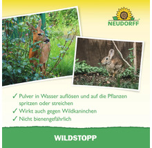 Produktbild Wildstopp mit Reh und Wildkaninchen sowie Hinweisen zur Anwendung und Bienenungefährlichkeit