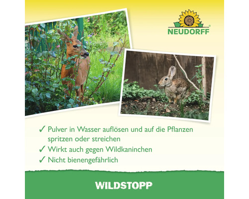 Produktbild Wildstopp mit Reh und Wildkaninchen sowie Hinweisen zur Anwendung und Bienenungefährlichkeit