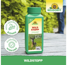 Neudorff Wildstopp in einer grünen Flasche. Schützt Pflanzen vor Wildverbiss und Kaninchen. Nicht gefährlich für Bienen. Zuverlässige Wirkung. Marke des Jahrhunderts Logo.
