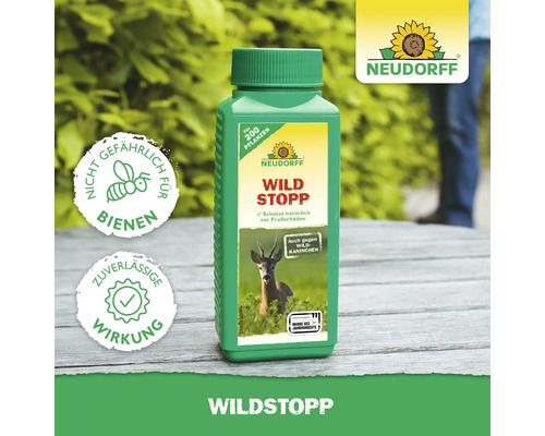 Neudorff Wildstopp in einer grünen Flasche. Schützt Pflanzen vor Wildverbiss und Kaninchen. Nicht gefährlich für Bienen. Zuverlässige Wirkung. Marke des Jahrhunderts Logo.