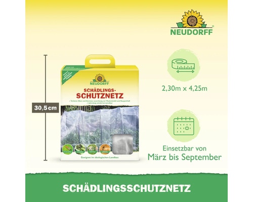 Neudorff Schädlingsschutznetz Verpackung mit Größenangabe und Anwendungszeitraum