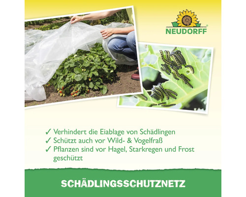 Schutznetz gegen Schädlinge im Einsatz auf einem Erdbeerfeld und Neudorff Logo.