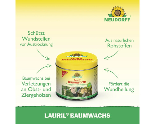 Lauril Baumwachs in einer gelben Dose zum Schutz von Obst- und Ziergehölzen vor Austrocknung, fördert die Wundheilung und besteht aus natürlichen Rohstoffen.