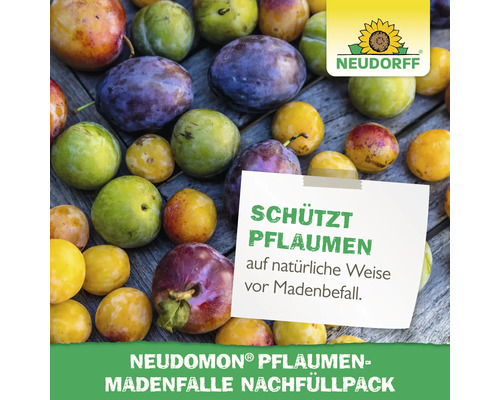 Neudorff Logo mit Pflaumen und Hinweis zum Schutz vor Madenbefall