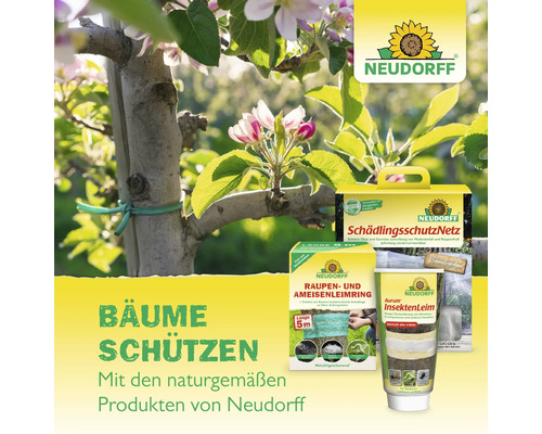 Produktreihe von Neudorff zum Schutz von Bäumen vor Schädlingen, darunter Schädlingsschutznetz, Raupenleimring und Insektenleim