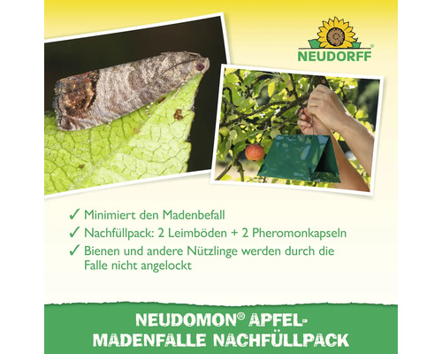 Neudorff Logo. Nachfüllpackung für Apfelmadenfalle mit Leimböden und Pheromonkapseln zur Minimierung des Madenbefalls.