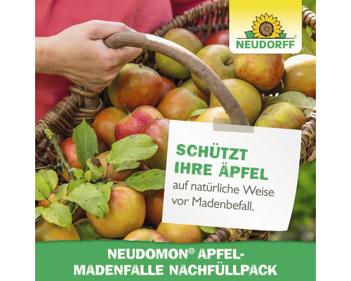 Person hält Korb mit Äpfeln und Neudorff Logo. Aufschrift: Schützt Ihre Äpfel auf natürliche Weise vor Madenbefall. Neudomon Apfelmadenfalle Nachfüllpack