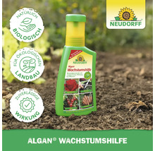 Neudorff Algan Wachstumshilfe Flasche auf Erde mit den Symbolen: natürlich biologisch, für ökologischen Landbau und zuverlässige Wirkung, Neudorff Logo