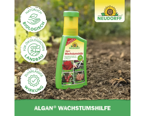 Neudorff Algan Wachstumshilfe Flasche auf Erde mit den Symbolen: natürlich biologisch, für ökologischen Landbau und zuverlässige Wirkung, Neudorff Logo