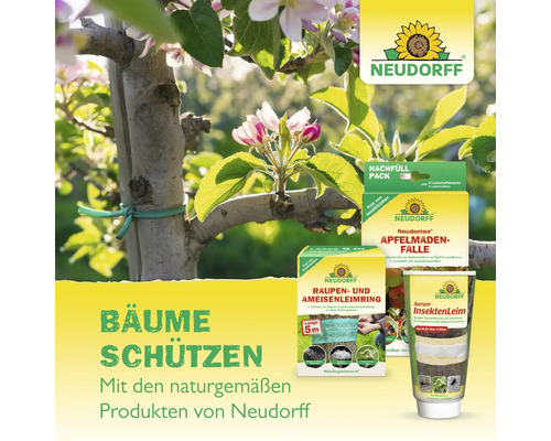 Neudorff products for tree protection displayed next to a blossoming tree branch
