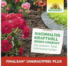 Szene mit Rosen und Hinweis auf Unkrautbekämpfung mit Neudorff Finalsan Unkrautfrei Plus