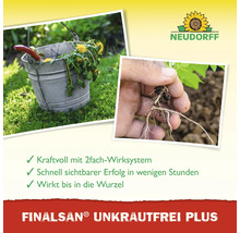 "Finalsan Unkrautfrei Plus: Eimer mit Unkraut und Hand hält Pflanze mit Wurzeln