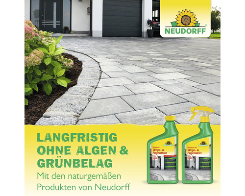 Außenbereich mit Steinplattenweg und Neudorff Finalsan Wege- und Fugenreiniger Produktflaschen