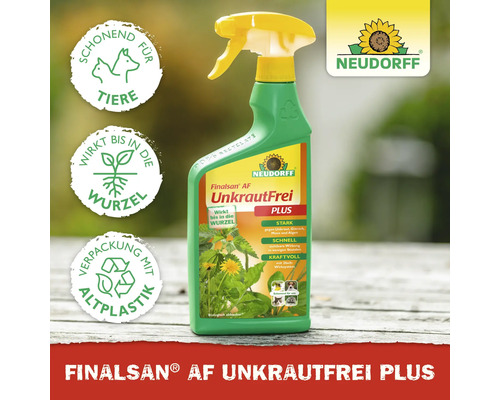 Finalsan Unkrautfrei Plus Unkrautvernichter in einer grünen Sprühflasche mit gelbem Sprühkopf