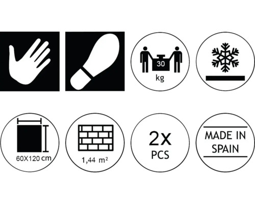 Symbole für Flieseneigenschaften: Berührungsempfindliche Oberfläche, Trittsicherheit, Gewicht bis 30 Kilogramm, Frostbeständigkeit, Fliesengröße 60 x 120 Zentimeter, Deckfläche 1,44 Quadratmeter, zwei Stück pro Packung, Hergestellt in Spanien